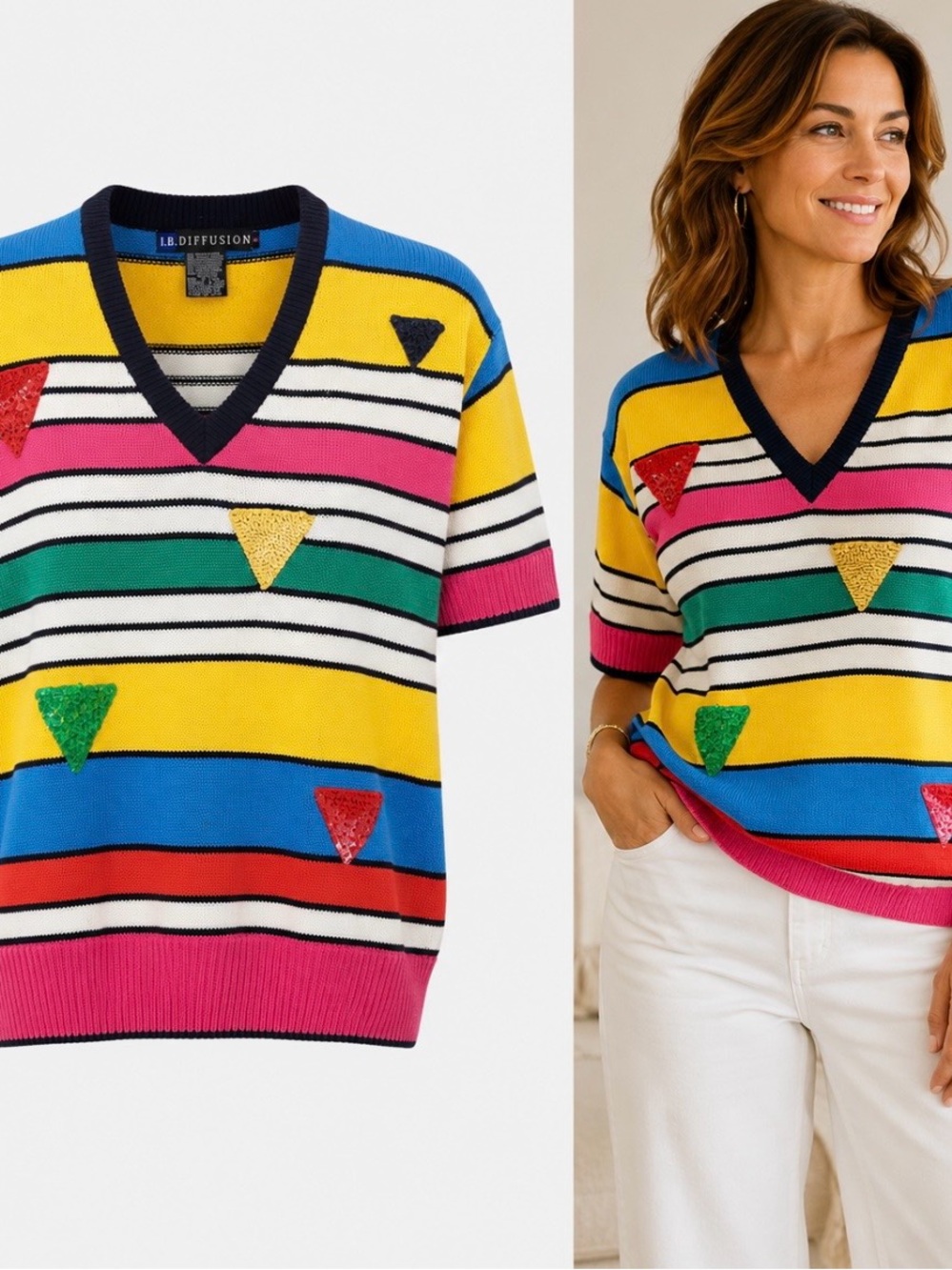 VTG 80's/90's I.B. Diffusion Colorblock Striped Sequin Kidcore Sweater Size S